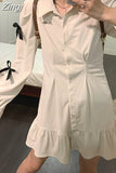 Long Sleeve Shirts Dresses Flounced Edge White Vintage Turn-down Collar Vestido Women Slim Waist Camisa Dress Y2k