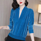 Winter Velvet V-neck Oversized Solid Pullovers Ladies Casual Fashion Simple Top Women Long Sleeve All-match Jumper
