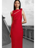 Red 3D Flower Cutout Rhinestone Midi Dress- Outfit