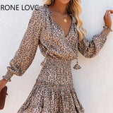 Women V-Neck Cheetah Ruffles Long Sleeve Dress Leopard Print Dress Elegant Fashion Chic