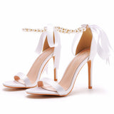 Fish Mouth High Heel Beaded Sandals Beautiful Ribbon Satin Cloth High Heels High Heels Wedding Dress Wedding Dress Bridal