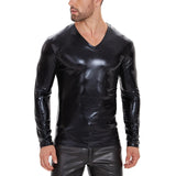 Zingj Men's Soft Lacquer Leather T-Shirt V Neck Long Sleeve Bright Leather Coat No Odor Size