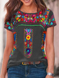 Spring and Summer Women's Blouse Bohemia Printed Round Neck Short Sleeve T-shirt Women's Ethnic Style Street Ladies'