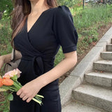 elegant slim V-neck slim lace up waist long fishtail dress women Korea summer short sleeve white vestido