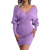 2025 Cross-Win V-Neck Bat Dress Bag Hip Dress Sweater Dress Women's