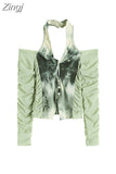 New Autumn Vintage Gauze Hollow V-Neck Off-Shoulder Green Tie Dyed E-girl Crop Tops Women's Party Club Sexy T-Shirt