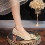 Small Thick With High Heels Spring And Autumn New Fashion Pearl Diamond Buckle Tip In The Heel Single Shoes Fairy Wind Women's