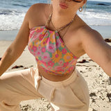 Y2K Bohemian Floral Print Crop Top Summer Beach Style Sexy V-neck Backless Halter Cami Top Women Aesthetic