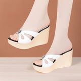 Slope Heel Slippers Women Summer 2024 Muffin Thick Soles Wear One-Word Flip-Flops Large Size Slippers Wear Fashionable Lacquered Leather