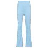 Skinny Elastic Flare Pants Women Casual High Waist Long Trousers Laides Purple Ribbed Sweatpants Summer