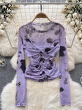Europe Long sleeved Mesh Sheer T-shirt Fashion Skinny Temperament Office Lady Blouse O Neck Pleated Tie Dye Print
