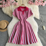 Zingj Niche Retro Color Lapel Short Sleeve Striped Dress Female Waist Show Thin Temperament A-Word Knit