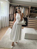 White Patchwork A-line Women Midi Dress Fashion Crew Neck Sleeveless Long Dresses Female Party Commute Street