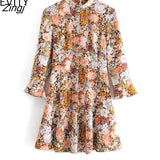 Autumn Women Vintage Stand Collar Flower Print A Line Mini Dress Office Ladies Ruffles Sleeve Casual Chic Vestido