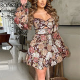 Women Chic Lantern Sleeves Detail Ruffles Hem Floral Print Hollow Out A-line Party Mini Sexy
