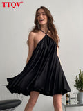 Sexy Halter Backless Mini Dress 2022 Summer Sleeveless Black Satin Dress Ladies Vintage Pleated Elegant Dresses For