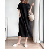 Cotton Linen Loose Dress Summer Fashion Female O-Neck Short Sleeve Solid Color Knee Length Sweet