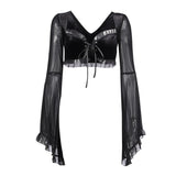 Gothic Sext Velvet Ruffle T Shirt Y2K Grunge Aesthetic Black Chiffon Flare Sleeve Lace Up Tops Punk Retro Harajuku Crop