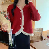 Zingj French Retro V-Neck Gentle Temperament Small Fragrant Wind Jacket Flounce Stitching Chiffon Knit Sweater Woman-Outfit