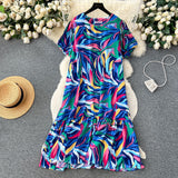 Zingj Dress Women's 2024 Summer Dress New Loose Leisure Fashion Print Medium-Long Bubble Sleeve Holiday