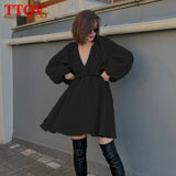 Sexy Deep V-neck Mini Dress Ladies Fashion Loose Long Sleeve Office Dress Streetwear Elegant White Dresses For