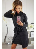 Autumn Winter Long Sleeve O Neck Women Dress 2020 Casual Solid Belt Cotton Pocket Ladies Fashion Package Hip Mini