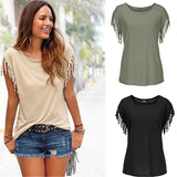 New Summer Solid Sexy Tassel Short Sleeve Women's Tops T Shirt 2021 Fashion Casual O Neck Loose Ladies T Shirt Plus