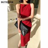 Elegant Slash Neck Sleeveless Solid Dress for Women Slim Waist Side Split Female Bodycon Dress 2021 Summer
