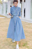 High Waist Women Pullover Denim Shirt Dress Korea New Ladies Womens Pleated Dresses Woman Casual Cotton Shirt Long