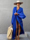 Casual Solid Long Sleeve Self Belted Kimono Dress Plus Size Women Casual Elastic Waist Long Loose Slit Beach Dress