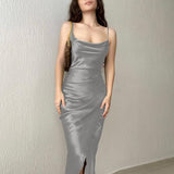 Dress Women 2022 Sexy Satin Slit Irregular Dress Fashion Sleeveless Sling Backless Party Dress Elegant Commute