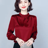 Spring 2025 New Pressure Pleated Wood Ear Shirt Female Satin Foreign Style Small Shirt Gentle Wind Bubble Sleeve
