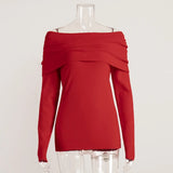Women's Fall/Winter 2025 Long-Sleeved Knitted Bottom Shirt With A Word Of The Shoulder Sex-Repair And Exposed