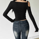 2024 Autumn New Women's Clothing Shoulder-Slanted Collar Hollow Perspective Folding Body To Close The Waist On The