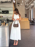 White Patchwork A-line Women Midi Dress Fashion Crew Neck Sleeveless Long Dresses Female Party Commute Street
