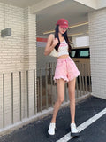 Summer 2022 Thin Frayed Pink Denim Shorts Women Tassel Hot