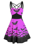 Dress Women Gothic Front Strappy Bat Print High Waist Mini Cami Dress Sleeveless Casual Dress