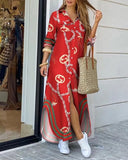 Autumn Elegant Button Sexy V Neck Women's Midi Shirt Dress Summer Chain Print Party Maxi Beach Ladies Long Dress