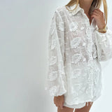 Zingj Suit 2024 Spring Autumn New Fashion Cotton Embroidered See-Through Shirt High Waist Shorts-Outfit