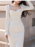 New Women Elegant Midi Slim White Black Dress Female Vestdios Office Lady Bodycon Fashion Slim