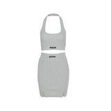 Autumn Sexy Tight Full Sleeve Tops T Shirt Navel Hanging Neck Vest Tank + High Waist Hip Mini Skirt Set