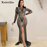 Sexy Women Crystal Mesh Sheer Maxi Dress Ladies Long Sleeve See Through Bodycon Birthday Clubwear Long Dress