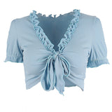 Summer New Korean Sweet Girl Ruffle Bandage Navel T Shirt Short Sleeve Tees Tops Hot Sexy Women Skinny Tshirt Top