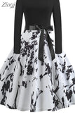 Christmas Dresses Women 50S 60S Vintage Robe Swing Pinup Elegant Party Dress Long Sleeve Casual Print