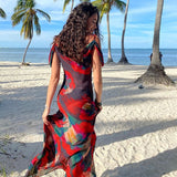 Boho Print Off Shoulder Dress Women Summer Beach Vacation Clothes Spaghetti Strap Long Maxi