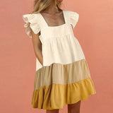 Oversized Patchwork Dress Women's Elegant O-Neck Ruffle Sleeve Midi Dresses Summer Female A Line Ruffled Sundress