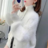 Zingj New Imitation Mink Velvet Standing Collar Sweater Cardigan Female Autumn Loose And Thick Age Reduction Jacket Coat-Outfit