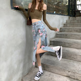Fashion Denim Long Skirts For Womens Summer Blue High Waist Raw Edge Slit Vintage Washed Printing Korean Style Casual
