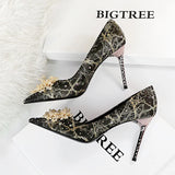 Zingj Sexy Banquet High Heels Fine Heel High Heels Shallow Pointed Pearl Flowers Rhinestone Women's Shoes Single