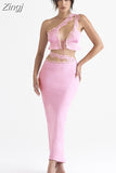 2 Pieces Set Sexy Elegant Pink One Shoulder Crop Top and Long Skirt Set Satin Evening Night Party Dresses Women Outfit